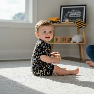 NWT Bamboo Baby Boys Construction Truck Print Short Sleeve Zip Up Romper Black 9